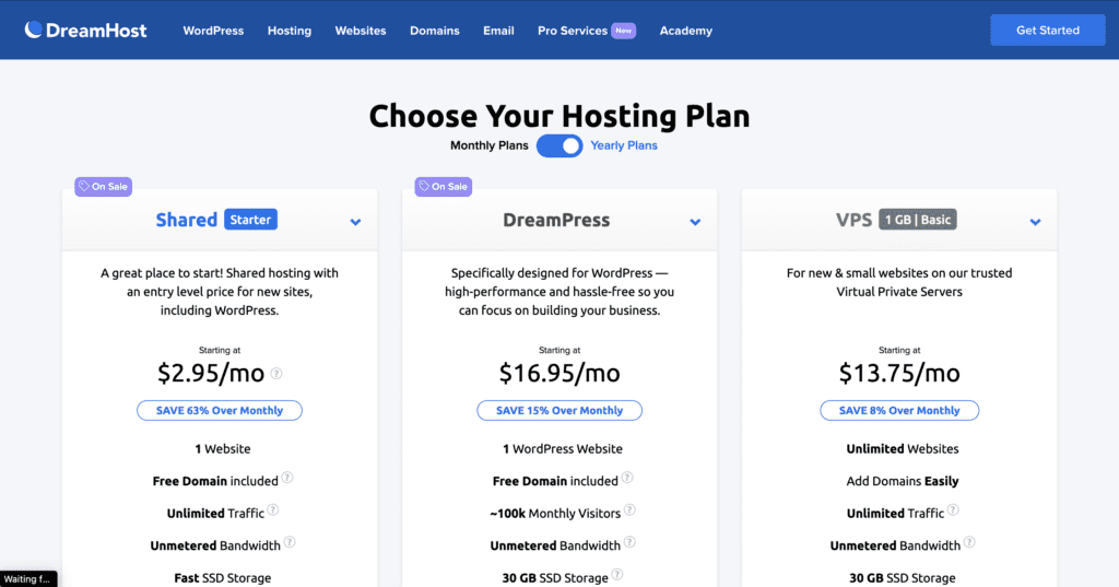 dreamhost plans page screenshot