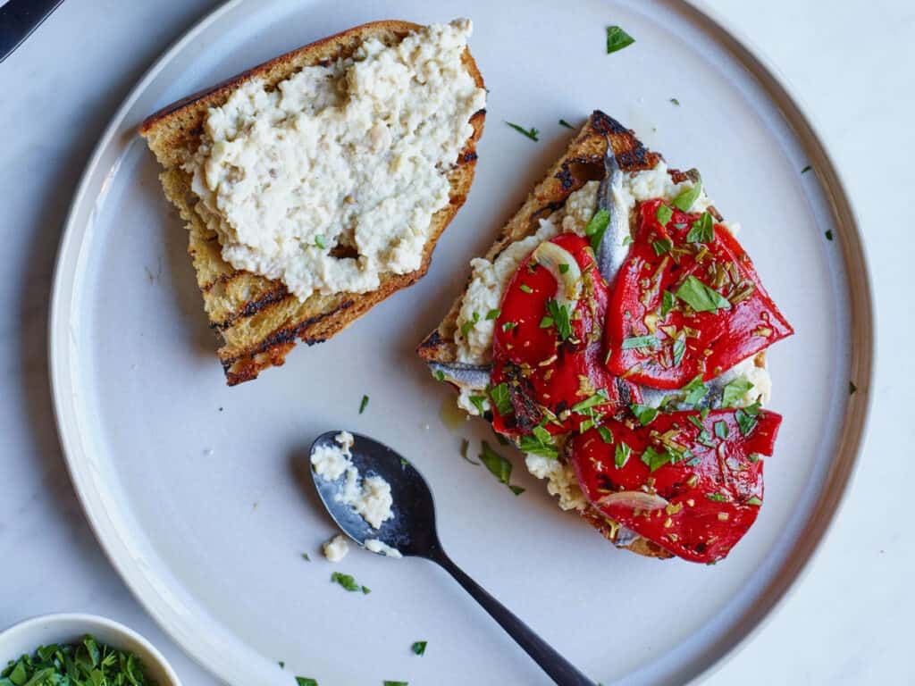 Marinated Piquillo Pepper and Whipped Eggplant Toasts Beauty + A160111 + Food & Wine + Handbook: Chef Pages + Mad Genius Tips + Cravings + Vegetable + May 2016