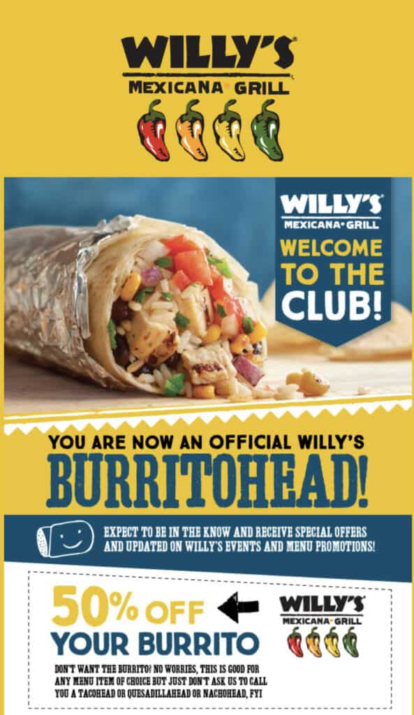 willy's free food coupon