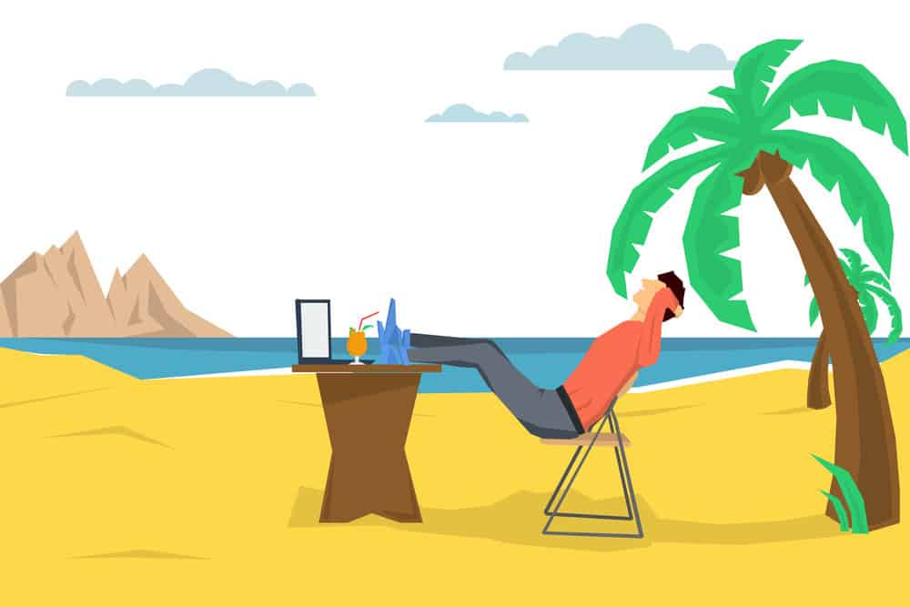 Vector concept remote working place. Freelance man on beach with a computer and a cocktail under a palm tree. 