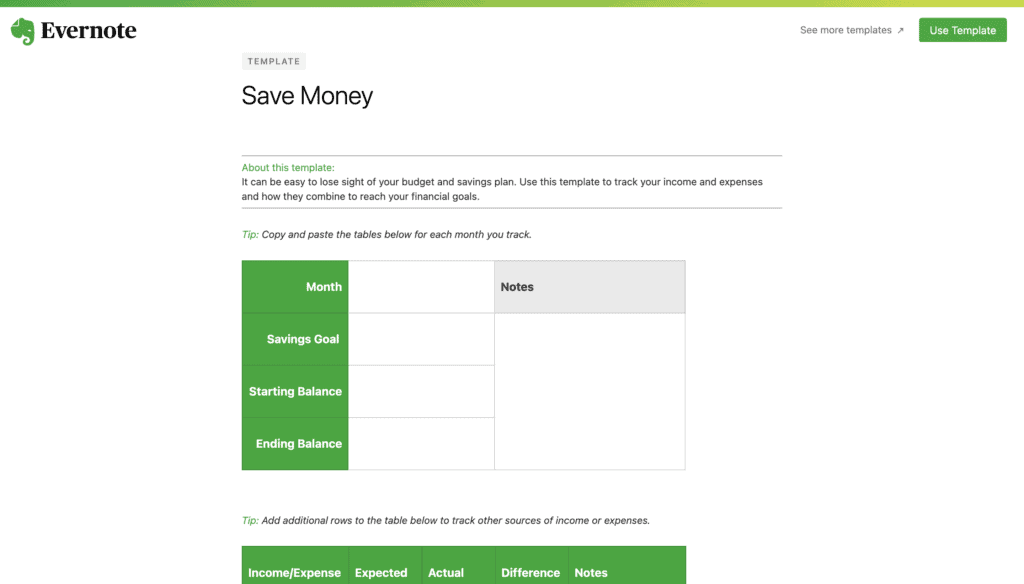 budget template by evernote