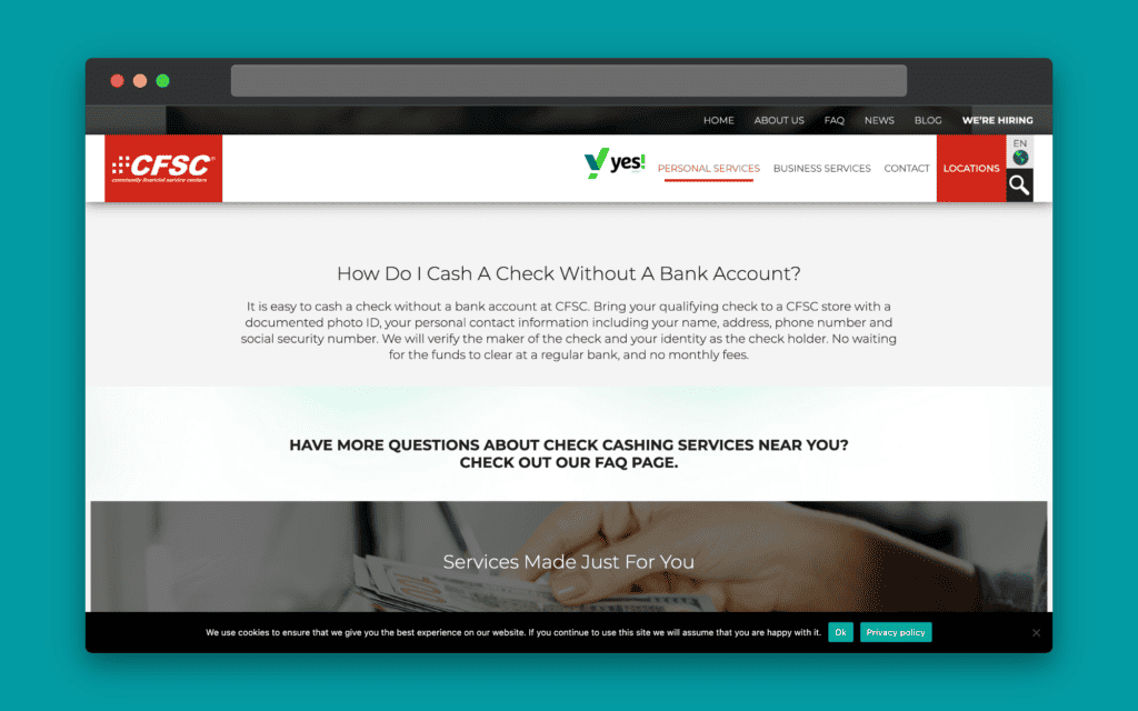 A screenshot of CFSC's check-cashing landing page