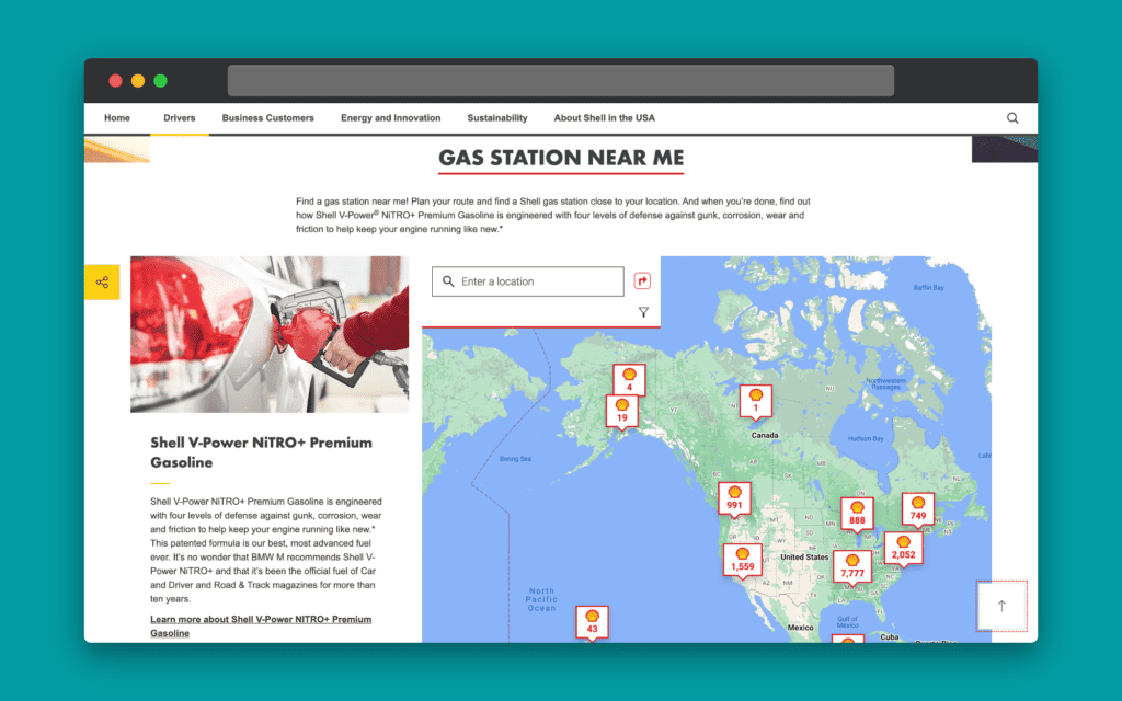 A screenshot of Shell's gas station near me page