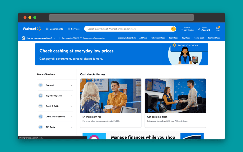 A screenshot of Walmart’s cash-checking services landing page 
